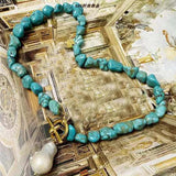 Bohemian Turquoise Stone Necklace with Pearl Pendant