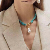 Bohemian Turquoise Stone Necklace with Pearl Pendant