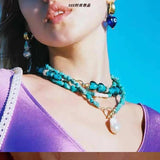 Bohemian Turquoise Stone Necklace with Pearl Pendant
