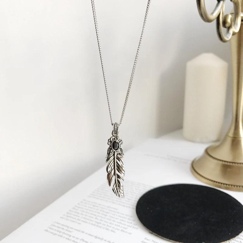 925 Silver Feather Necklace Zircon Pendant Vintage Jewelry