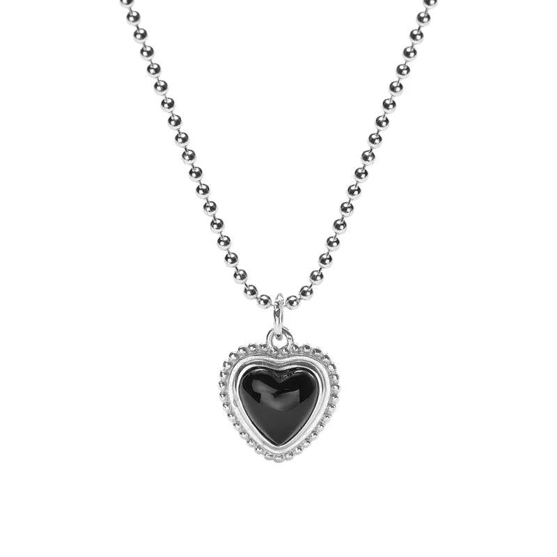 925 Silver Agate Heart Necklace Round Bead Chain Pendant Necklace