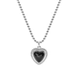 925 Silver Agate Heart Necklace Round Bead Chain Pendant Necklace