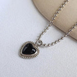 925 Silver Agate Heart Necklace Round Bead Chain Pendant Necklace