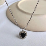 925 Silver Agate Heart Necklace Round Bead Chain Pendant Necklace