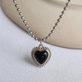 925 Silver Agate Heart Necklace Round Bead Chain Pendant Necklace