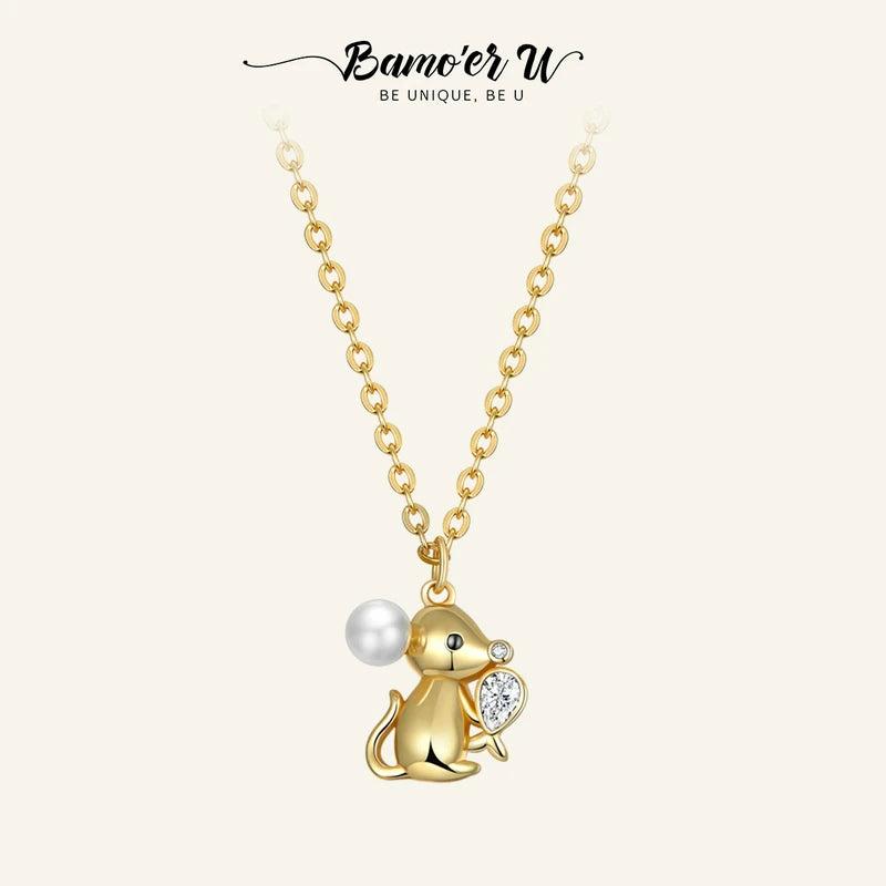 925 Silver Mouse&Fish Necklace Women Plated Pendant Bead Necklaces