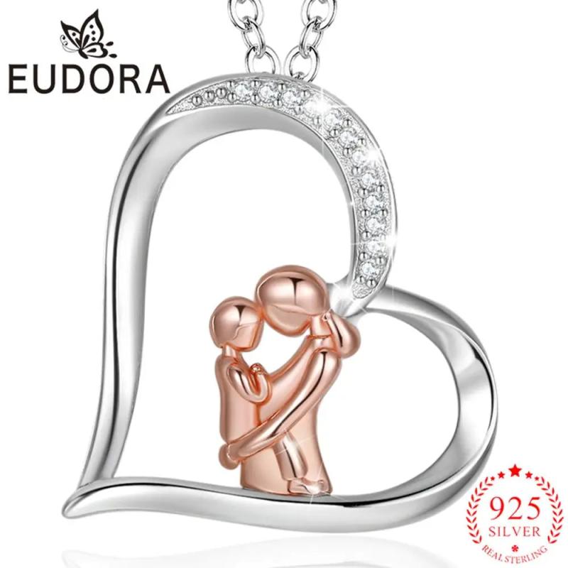 925 Sterling Silver Mother Baby Pendant Necklace with Box