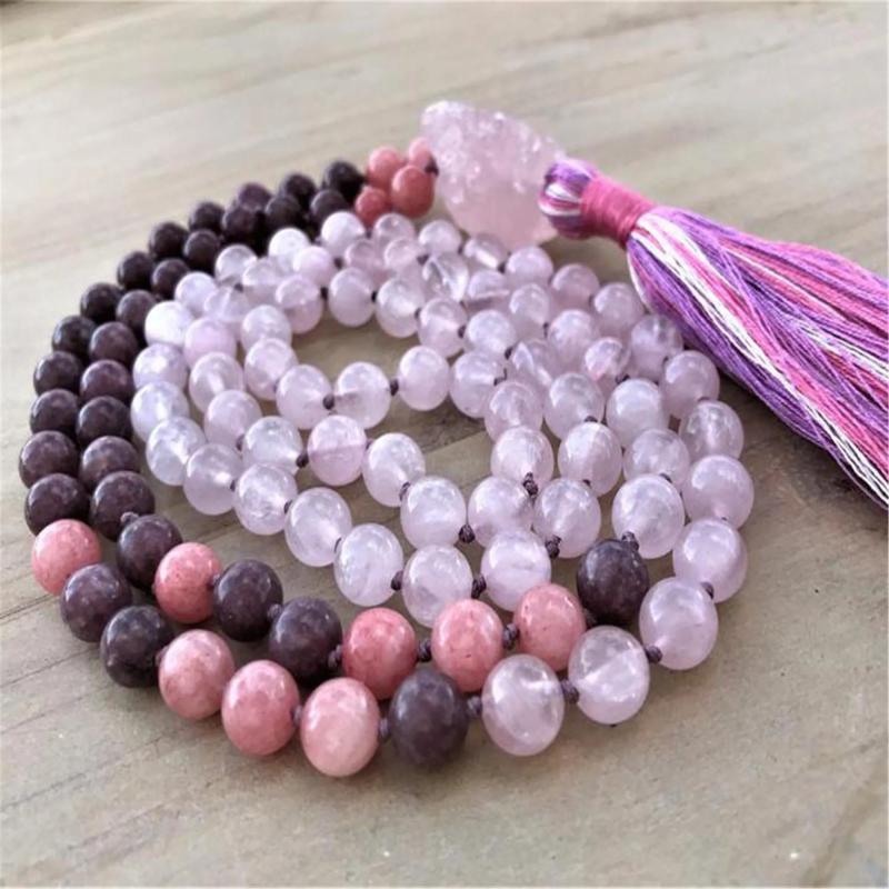 8mm Natural Rose Quartz 108 Beads Tassel Knotted Necklace