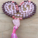 8mm Natural Rose Quartz 108 Beads Tassel Knotted Necklace