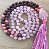 8mm Natural Rose Quartz 108 Beads Tassel Knotted Necklace