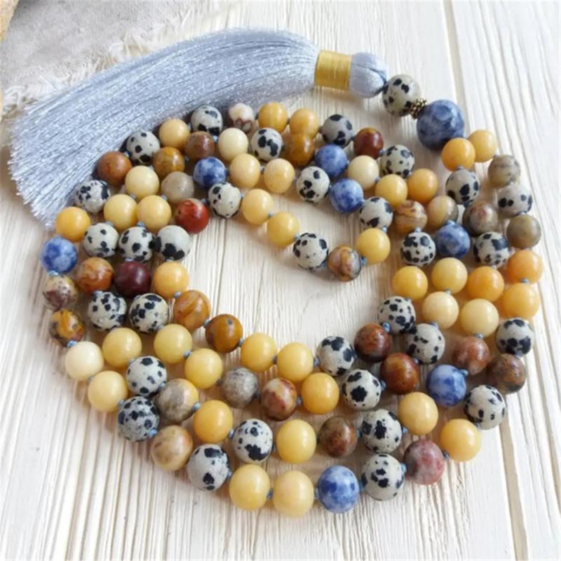 8mm Mixed Gemstone 108 Beads Tassel Necklace Retro