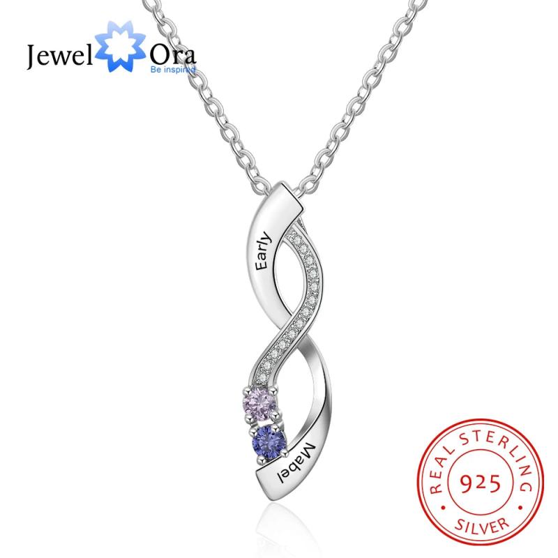 Personalized Infinity Name Necklace with 2 Birthstones S925 Silver
