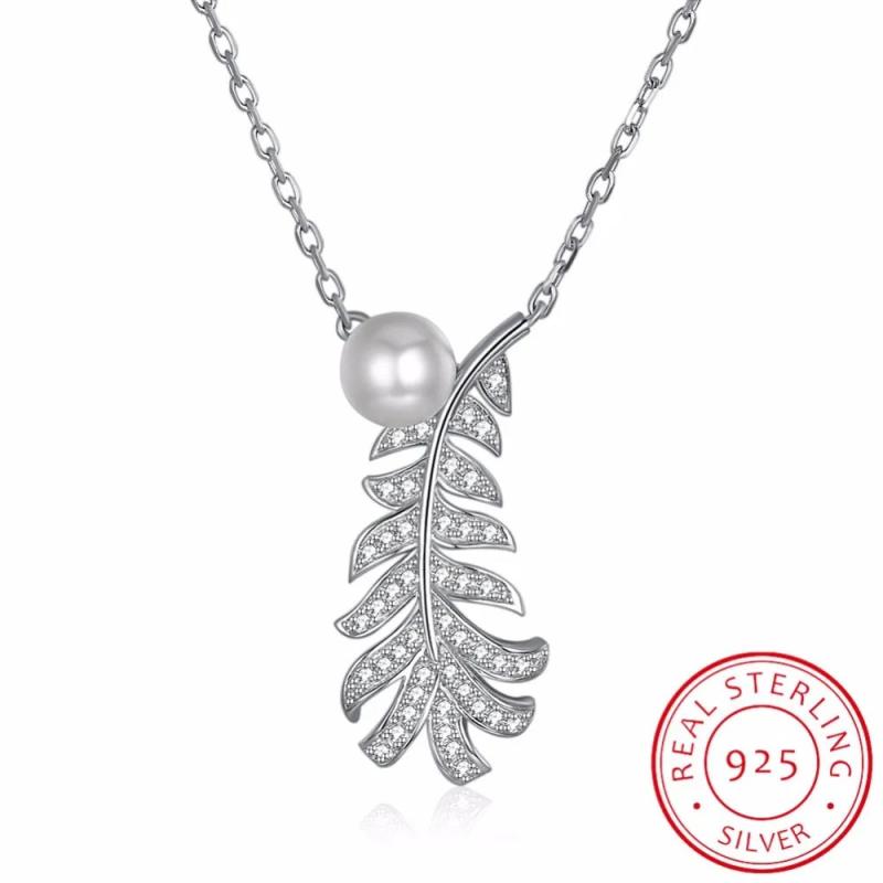 Lekani Crystas Leaf Pendant Necklace S925 Silver Pearls Collar