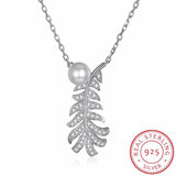 Lekani Crystas Leaf Pendant Necklace S925 Silver Pearls Collar