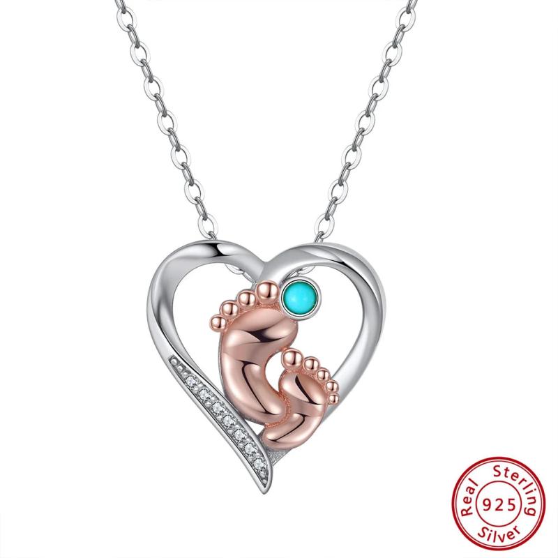 925 Silver Turquoise Baby Feet Heart Pendant Necklace for Women