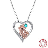 925 Silver Turquoise Baby Feet Heart Pendant Necklace for Women