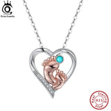 925 Silver Turquoise Baby Feet Heart Pendant Necklace for Women