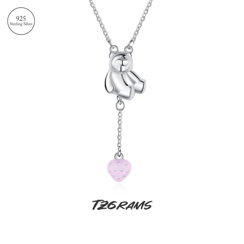 925 Silver Necklace Strawberry Bear Pendant Birthday Jewelry