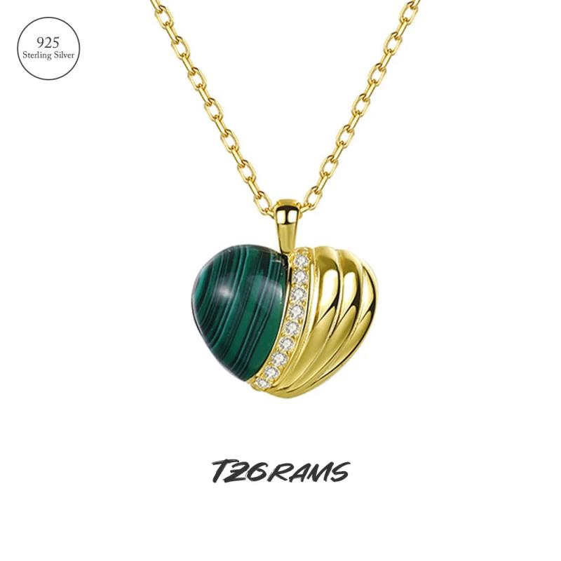 Sterling Silver Heart Necklace with Malachite for Women