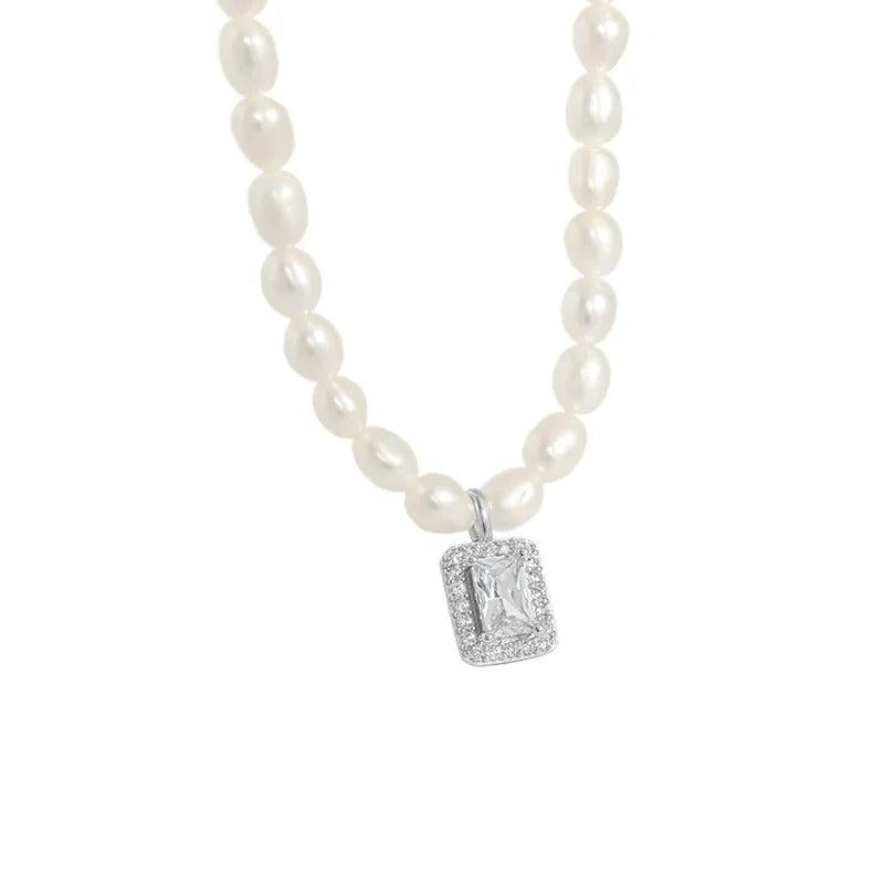 S'STEEL Freshwater Pearl Zircon Pendant Necklace 925 Sterling Silver Jewelry