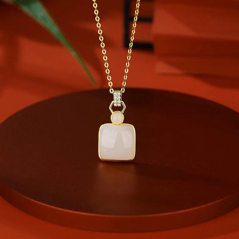 Hetian Jade Square Jade Necklace Retro Chinese Style Silver Necklace