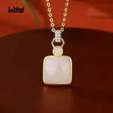 Hetian Jade Square Jade Necklace Retro Chinese Style Silver Necklace