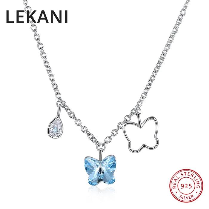 Austrian Crystal Butterfly Tassel Pendant Necklace S925 Silver Collar