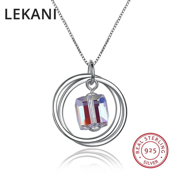 Circles Cube Crystals Pendants Necklaces Real 925 Sterling Silver Jewelry Women
