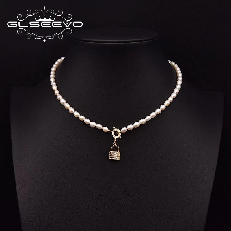 Freshwater Pearl Zircon Lock Pin Pendant Necklace GN0288B