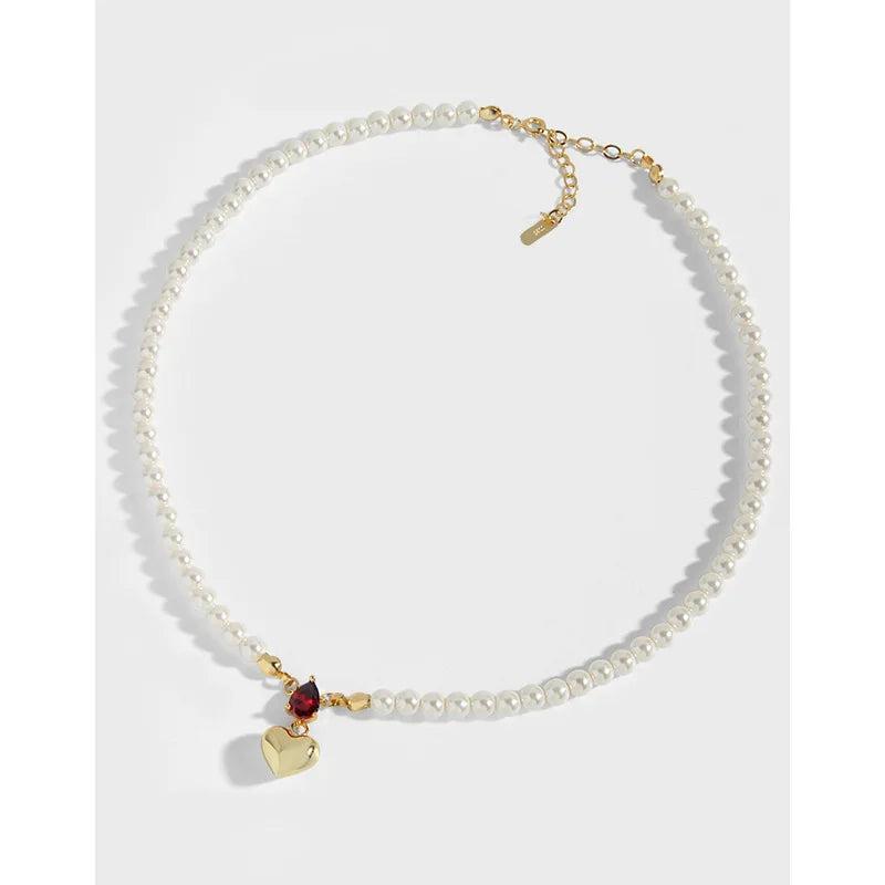 925 Silver Red Zircon Heart Pearl Pendant Necklace for Women