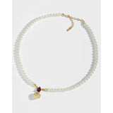 925 Silver Red Zircon Heart Pearl Pendant Necklace for Women