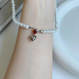 925 Silver Red Zircon Heart Pearl Pendant Necklace for Women