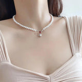 925 Silver Red Zircon Heart Pearl Pendant Necklace for Women