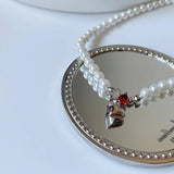 925 Silver Red Zircon Heart Pearl Pendant Necklace for Women