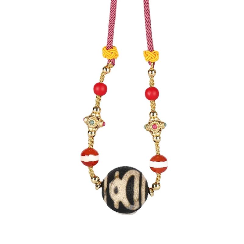Natural Old Agate Evil Eye Gem Stone Rope Adjust Pendant Necklace