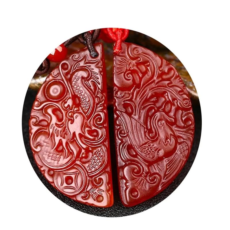 Koraba Natural Red Agate Dragon Phoenix Necklace Pendant