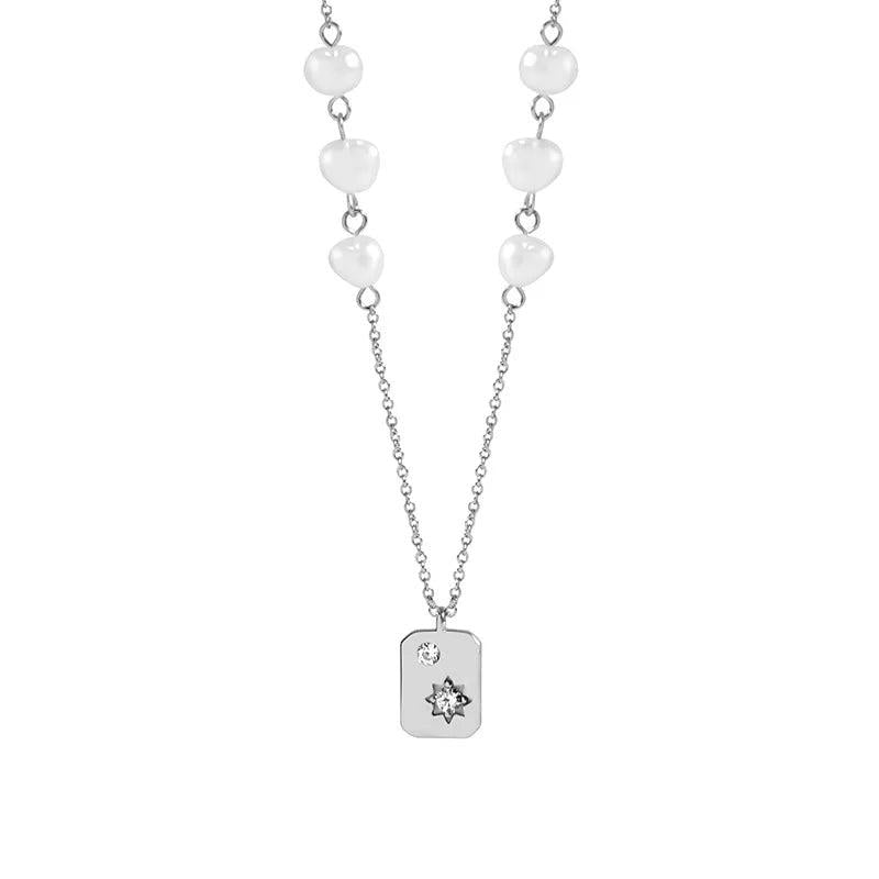 925 Silver Freshwater Pearl Square Pendant Necklace Zircon Star Gift