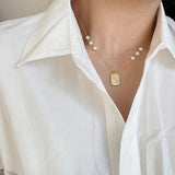 925 Silver Freshwater Pearl Square Pendant Necklace Zircon Star Gift
