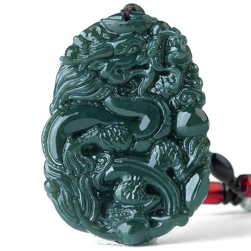 Koraba Green Jade Wealth Dragon Long Necklace Pendant