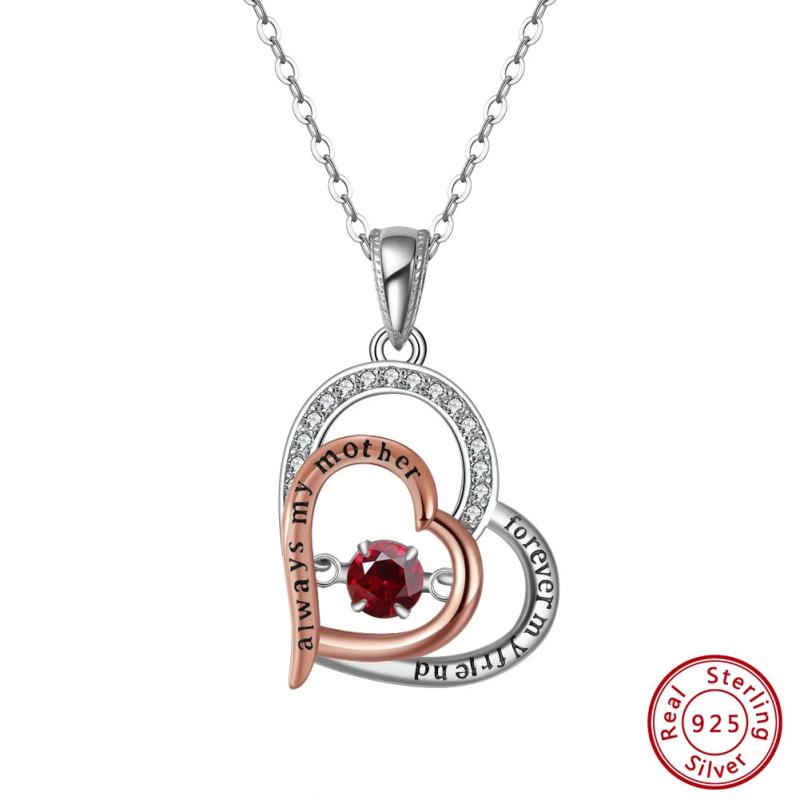 925 Silver Dancing Gemstone Double Hearts Pendant Necklace for Women
