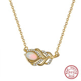 925 Silver Opal Feather Necklace Women's Pendant Jewelry
