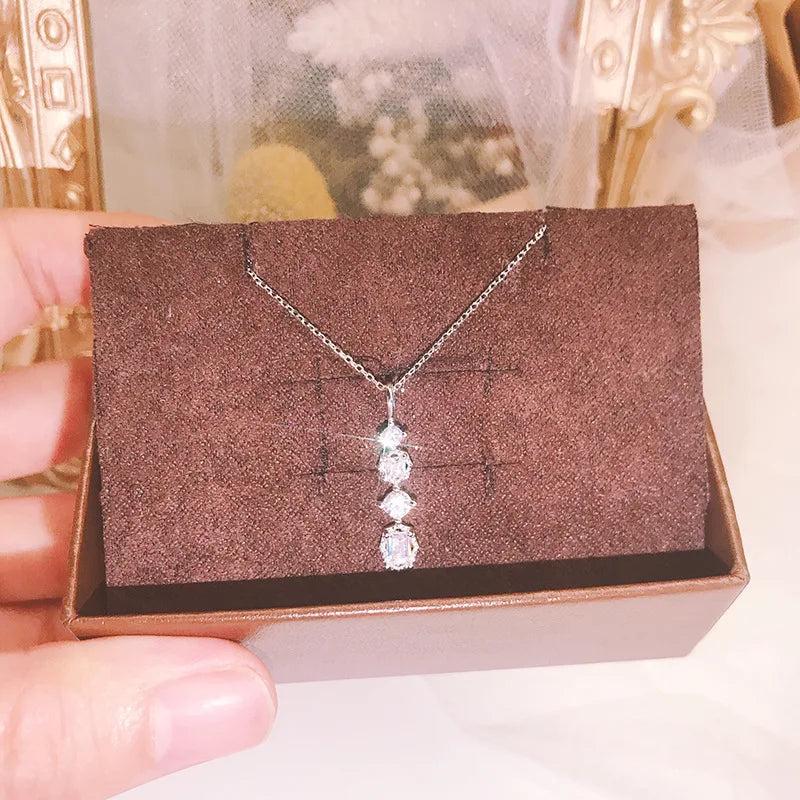 925 Silver Zircon Necklace Vertical Bar Square Pendant Elegant Christmas Jewelry