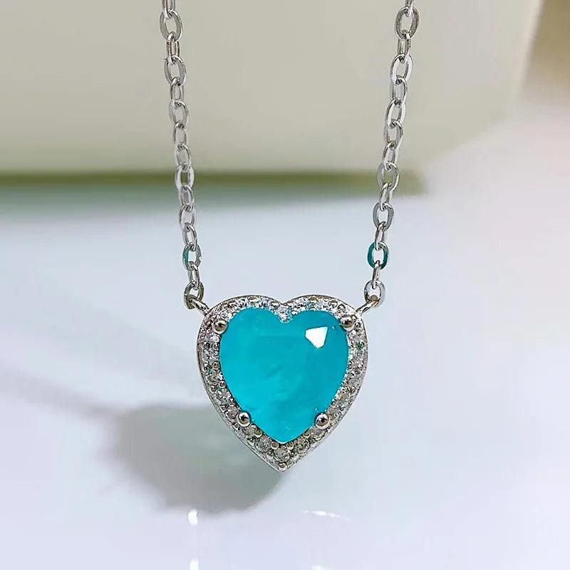 S925 Silver Heart Necklace with Palaiba Stone Pendant