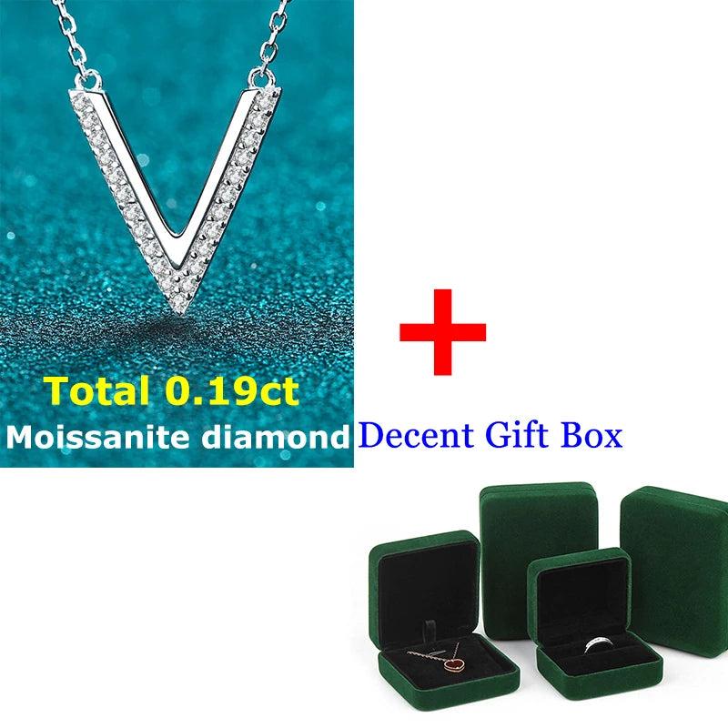 Sterling Silver V Letter Pendant Necklace with Moissanite