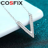 Sterling Silver V Letter Pendant Necklace with Moissanite