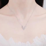 Sterling Silver V Letter Pendant Necklace with Moissanite