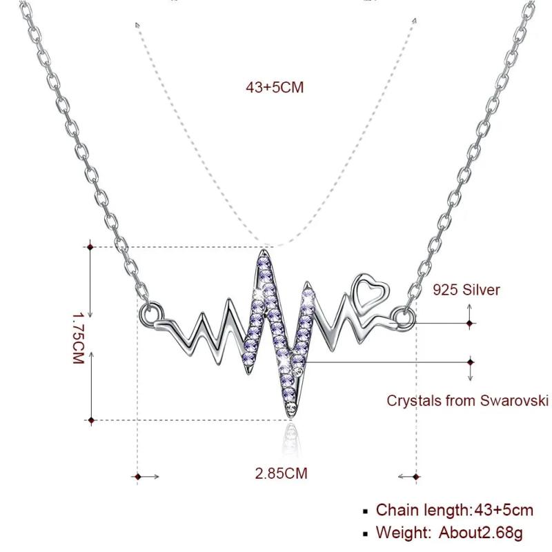 Wave Heart Necklace 925 Silver Charm Pendant Heartbeat Women Jewelry