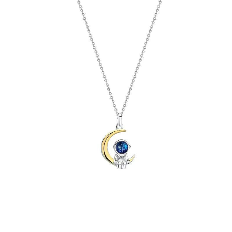 925 Silver Astronaut Moon Pendant Chain Necklace for Couple Gift