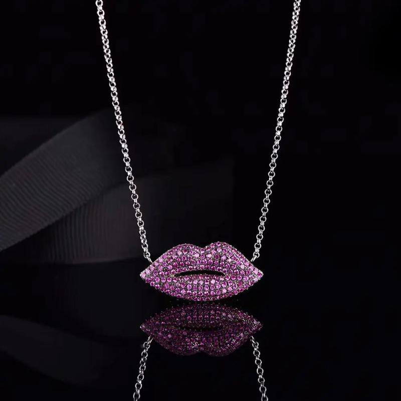 925 Silver Pink Lip Pendant Necklace Double Heart Tail Chain