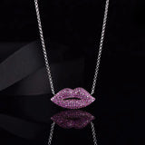 925 Silver Pink Lip Pendant Necklace Double Heart Tail Chain